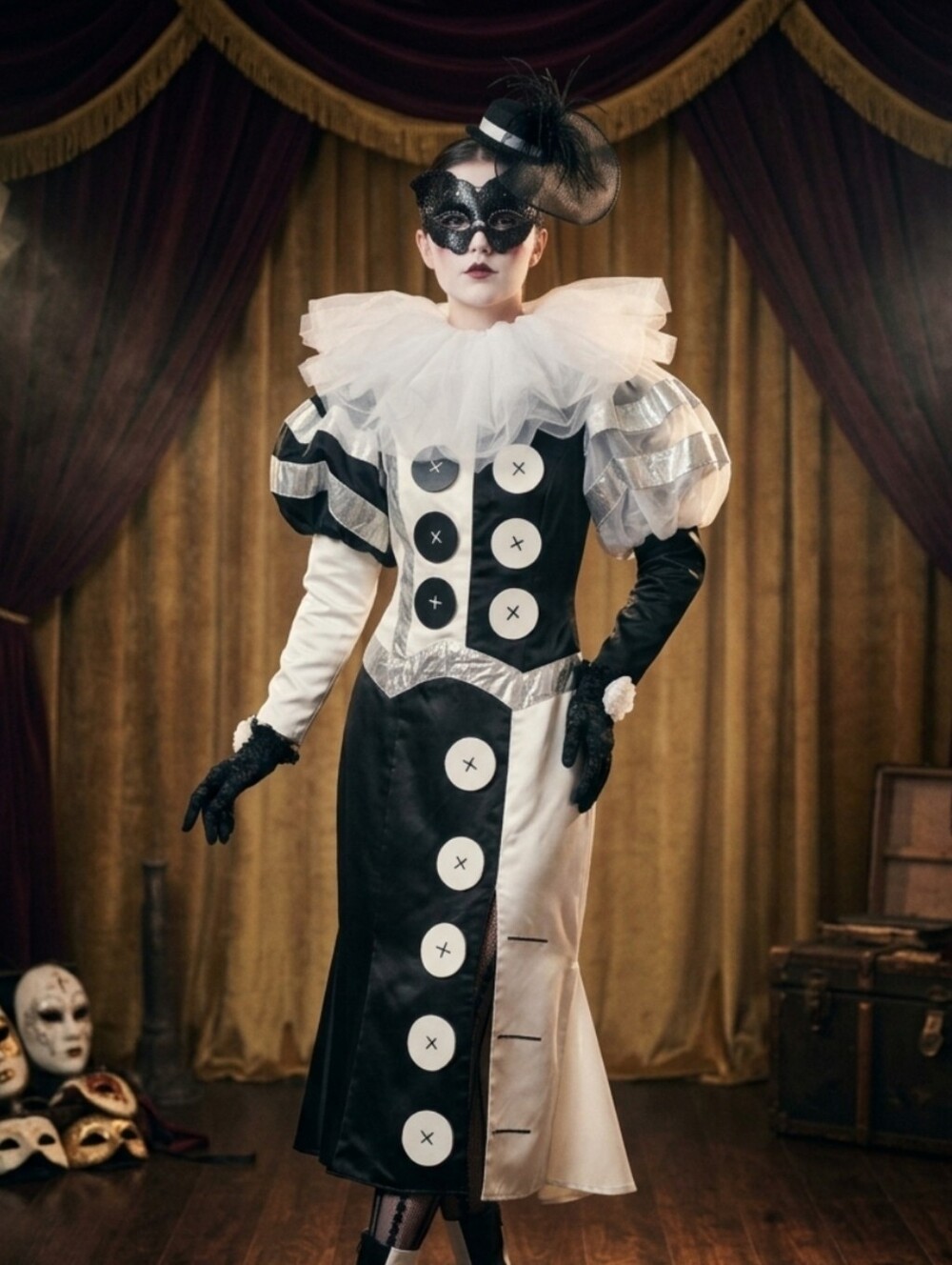 HANDMADE Theater Quality Heavy Satin Pierrot Harlequin Clown Costume Set Size M
